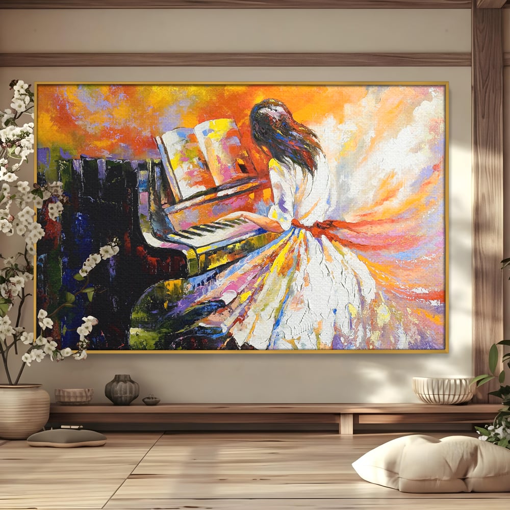 Tablou canvas cu pictura cu fata la pian, in rama de aluminiu auriu